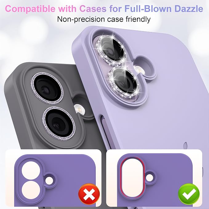 YWXTW [All-Over Glitter Camera Lens Protector for iPhone 17/iPhone 16/iPhone 16 Plus, 9H Tempered Glass Camera Lens Cover, Anti-Scratch Case Friendly(Purple) - Image 5