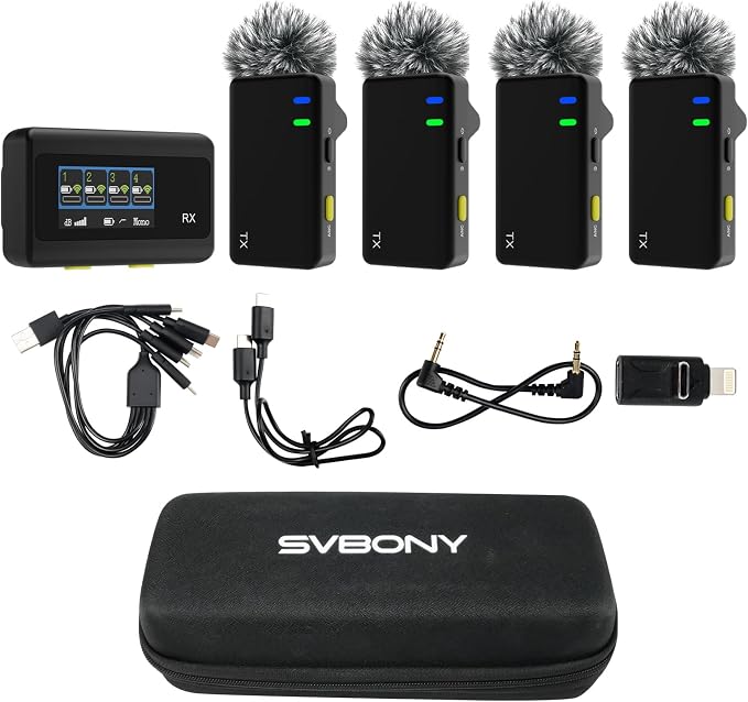 SVBONY D4 4-Person Wireless Lavalier Microphones Systems for Group Videos | Compatible with iPhone, Android, Camera, 2-Level Noise Reduction, 656ft Range, Smart Display, Magnetic Mount,Safety Track by SVBONY