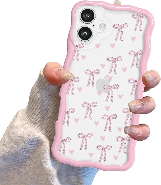 QLTYPRI for iPhone 16 Plus Pink Bow Case, Clear Cute Pink Ribbon Bow Phone Case Curly Wavy Aesthetic Phone Cover, Soft Slim Transparent TPU Shockproof Protective Cover for Women Girls - Love Bow - Image 7