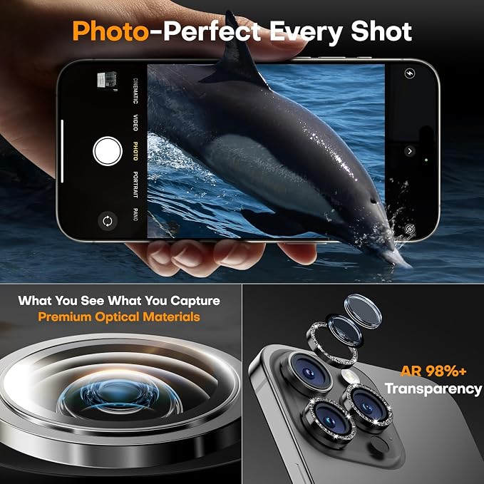 Camera Lens Protector for iPhone 17 Pro Max/17 Pro- Glitter Black | 9H Tempered Glass, Metal Individual Camera Cover, Accessories, Anti-drop, Case Friendly, HD Clear, Anti-Scratch - Image 4