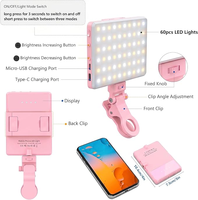 Selfie Light, Phone Light with Front & Back Clip, 60 LED Portable Light with 3 Modes, 5000mAh Rechargeable Video Light for Phone, iPhone, IPad, Laptop, TikTok, Makeup, Lighting Monolights(Pink) - Image 4