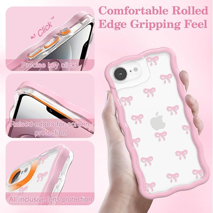 QLTYPRI for iPhone 17e/16e Pink Bow Case, Clear Cute Pink Ribbon Bow Phone Case Curly Wavy Aesthetic Phone Cover, Soft Slim Transparent TPU Shockproof Protective Cover for Women Girls - Tiny Bow - Image 3