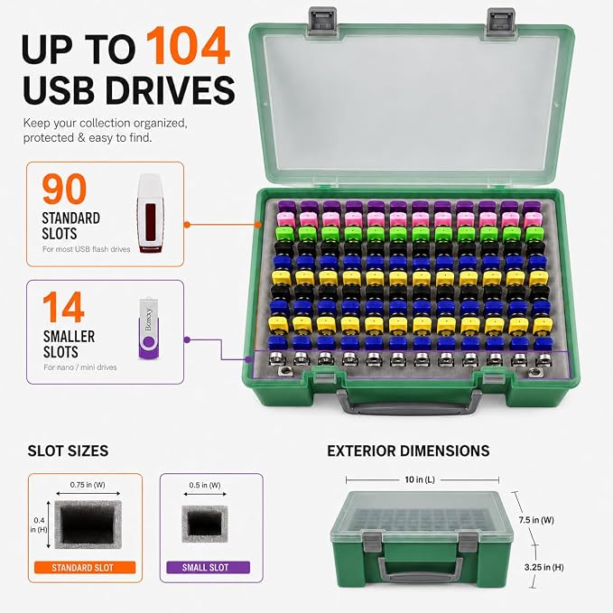 FULLCASE USB Flash Drive Case for SanDisk,for Samsung,for PNY,104-Slot | Hard Plastic Thumb Drive Organizer,for Lexar,for JOIOT,for SamData,for SIMMAX,Dual-size Removable Foam,Case Only Green - Image 4