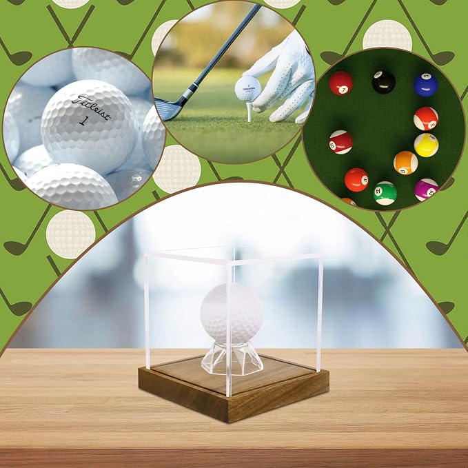 Clear Acrylic Golf Ball Display Case with Wood Base & Acrylic Holder, Memorabilia Stand Cube Holder, Dust Protection Transparent Storage Box for Single Ball Souvenir Golfball Collections - Image 8