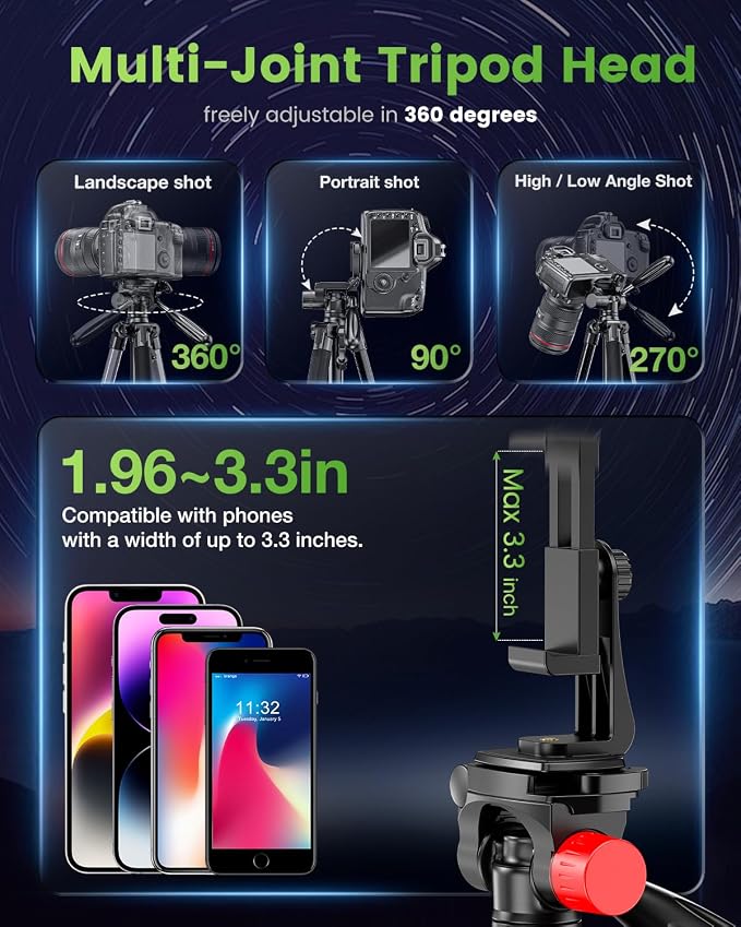 CAMBOFOTO 74"-Camera-Tripod, Porfessional Aluminum Heavy Duty Tripod Stand for Mirrorless Camera/DSLR/Cell Phone/Camcorder, with Holder and Travel Bag (Pack of 3) - Image 5
