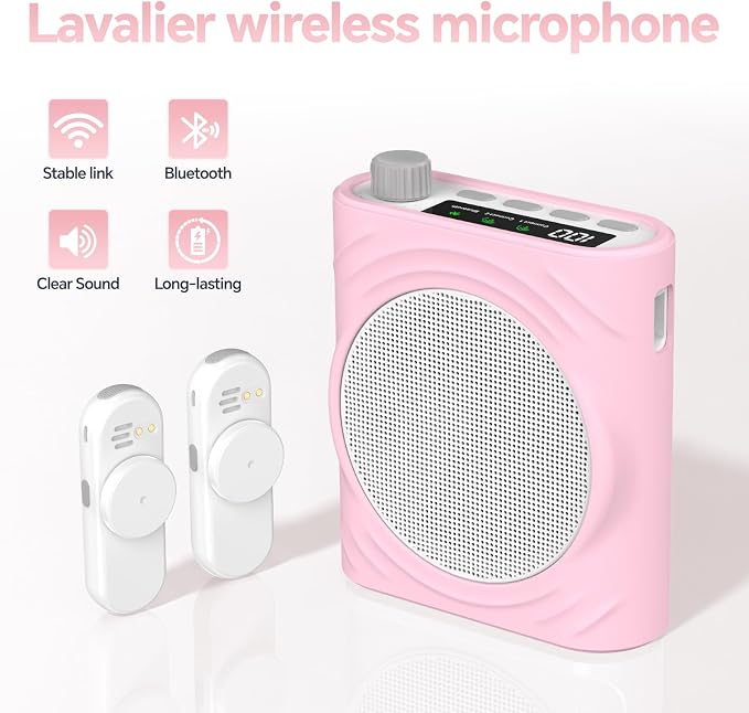 Voice Amplifier for Teachers, Portable Bluetooth Mini Personal Speaker with Wireless Lavalier Mic & Silicone Protective Cover, Ideal for Classroom, Conference and Tour Guide （Pink - Image 2