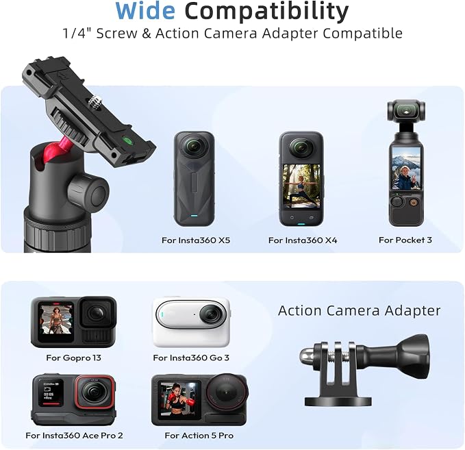 66" Selfie Stick Tripod for GoPro & Phone, Extendable Action Camera Tripod Stand with 360° Ball Head, Remote, Cold Shoe & 1/4" Screw, Compatible with GoPro Hero 14/13/12, DJI Osmo, Insta360 X5 - Image 3