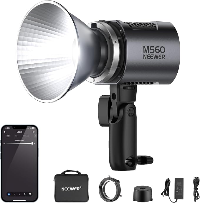 NEEWER MS60 LED Video Light with 2.4G/APP Control, 65W 5600K Daylight Mini COB Continuous Output Lighting, 40000lux/1m, CRI 97+/TLCI 98+, 9 Scenes, 0-100% PWM Dimming, Bowens Mount Adapter by Neewer