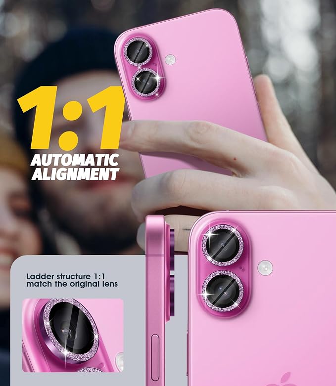 Orzero (3 Sets) Camera Lens Protector Compatible for iPhone 17 6.3”/16 6.1”/16 Plus 6.7“, Protector de Cámera Bling One-Step Installation Individual Metal Ring Case Friendly - Pink - Image 4