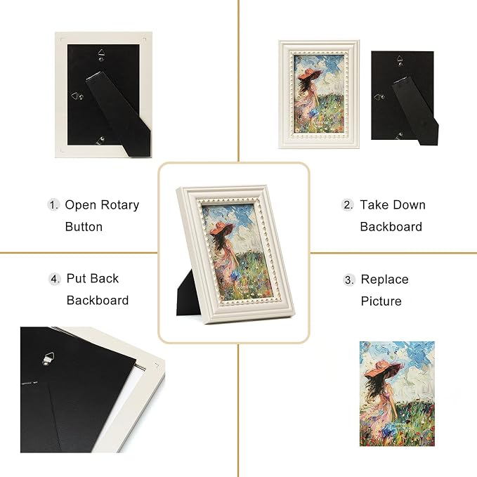4x6 Picture Frame in Beige with Classic Gold Beaded Border, Solid Wood with Real Glass, Vertical and Horizontal Desk Tabletop or Wall Hanging - Image 7