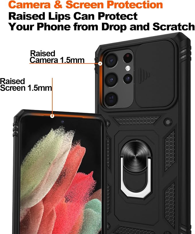 Gritup for Samsung Galaxy S21 Ultra Case with 2PCS Screen Protector, Build in 360° Rotating Ring Kickstand, Military Grade Protective Case for Galaxy S21 Ultra 5G Phone, Black - Image 5