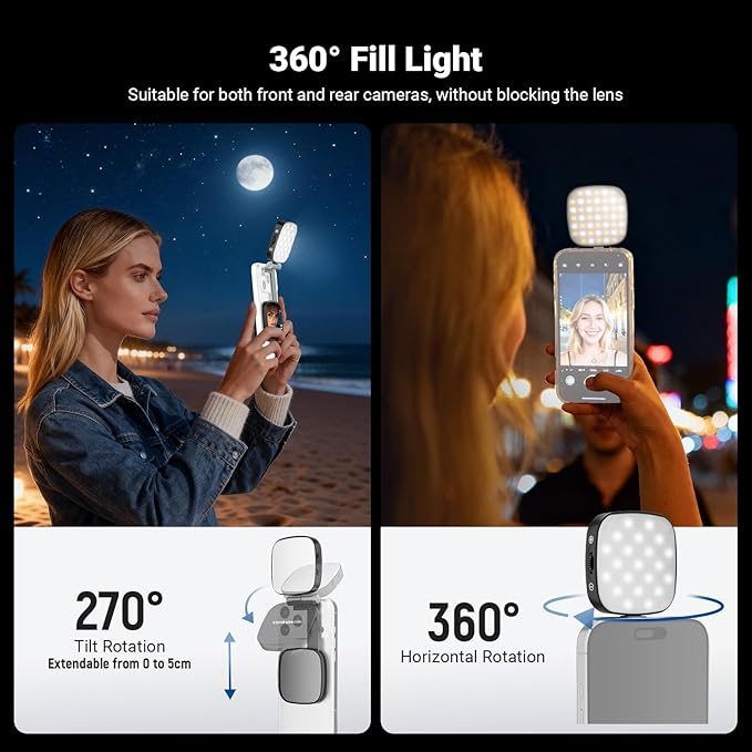 NEEWER Basics Magnetic Selfie Light Compatible with MagSafe iPhone, 2W CRI95+ Bi Color Swivel Small LED Phone Fill Lighting, 680lx/0.3m, Mirror for Vlog Recording Makeup Video Conference, NL45B Black - Image 4