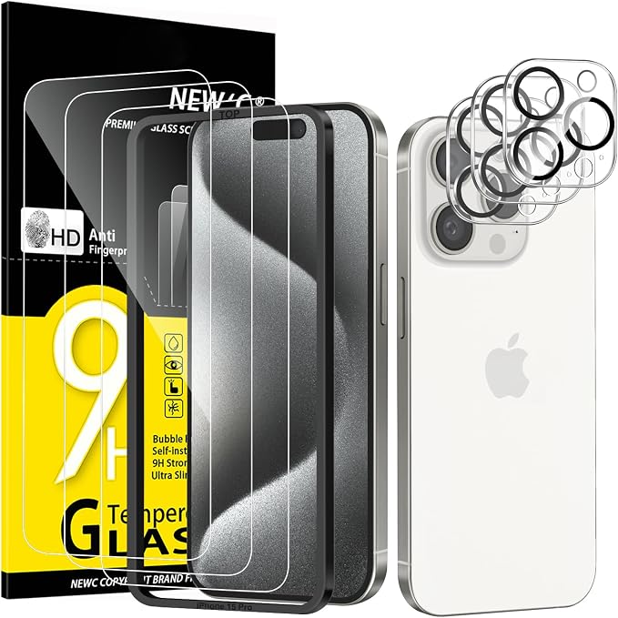 NEW'C 3x for iPhone 15 Pro Screen Protector (6.1 inches)+ 3x Camera Lens Protector, Sensor Protection, Case Friendly Tempered Glass Film + Dust Plug- Easy installation tool include by NEWC
