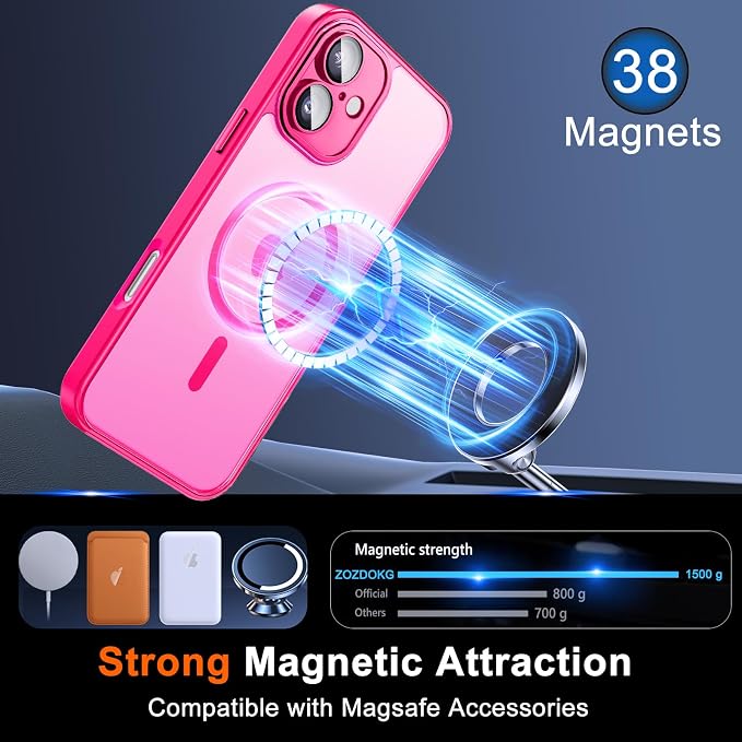 for iPhone 16 Case with Privacy Screen Protector, Hot Pink | Full Camera Protection, Matte Translucent, Magnetic, Compatible with MagSafe, Shockproof Phone Cover, Slim Fit - Image 3