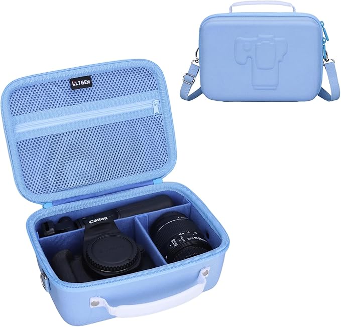 L LTGEM Hard Camera Case Compatible with Canon EOS Rebel T7, R50, R6 Mark II, R100, DSLR SLR Cameras, Lenses, and Tripods, Camera Travel Bag, Featuring 4 Dividers and a Shoulder Strap, Blue by LTGEM