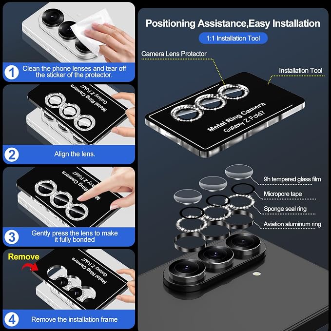 for Samsung Galaxy Z Fold 7 Camera Lens Protector, Individual Metal Ring Tempered Glass Lens Cover, [Strong Adsorption] Scratch Resistant Ultra-Thin HD Clear Lens Cover, 1 Set-Black Diamond - Image 6