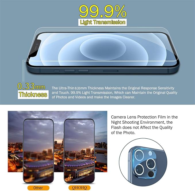QHOHQ 3 Pack Screen Protector for iPhone 12 Pro Max 6.7" with 2 Pack Tempered Glass Camera Lens Protector, Ultra HD, 9H Hardness, Scratch Resistant, Easy Install - Case Friendly - Image 4
