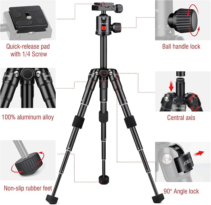 JOILCAN Aluminum Mini Tripod, 21" Desktop Tripod with 360° Ball Head | Portable Travel Tripods for DSLR Camera Phone, Load up to 13lb, Phone Holder and Remote Included - Image 7