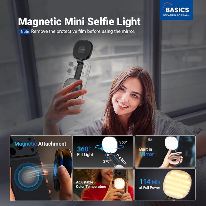 NEEWER Basics Magnetic Selfie Light Compatible with MagSafe iPhone, 2W Bi Color Small LED Phone Fill Ring Lighting CRI95+ with 360° Swivel, Mirror for Makeup Video Conference Recording, NL72B Black - Image 2