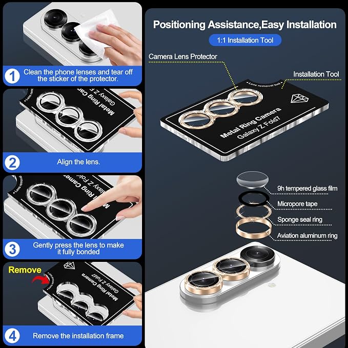 for Samsung Galaxy Z Fold 7 Camera Lens Protector, Individual Metal Ring Tempered Glass Lens Cover, [Strong Adsorption] Scratch Resistant Ultra-Thin HD Clear Lens Cover, 1 Set-Gold Sparkly - Image 6