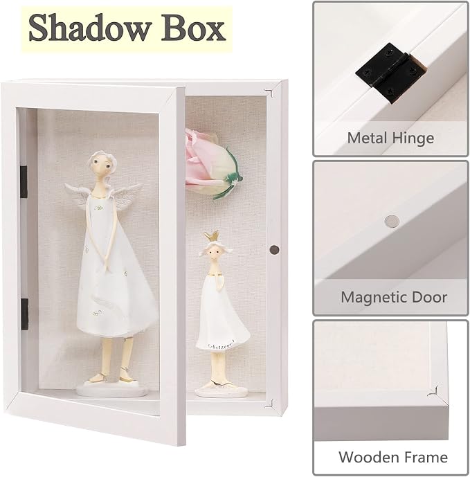 Muzilife 8x10 Shadow Box Wood Picture Frame, 2.16 Deep, Real Glass, White | FSC-Wood, Magnetic Door, Linen Interior & Pins, Vertical, Horizontal Wall Hanging, Display Case Frame for Photos & Keepsakes - Image 4
