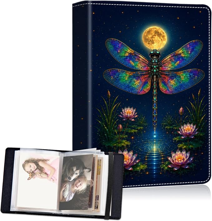 DEGDFSGR 5x7 Small Photo Album, 60 Pockets Holds 120 Photos | Slip-in pockets, black elastic band, portable for family, wedding, baby, travel photos, Lotus Ponds Tarry Skydragonfly by Unknown