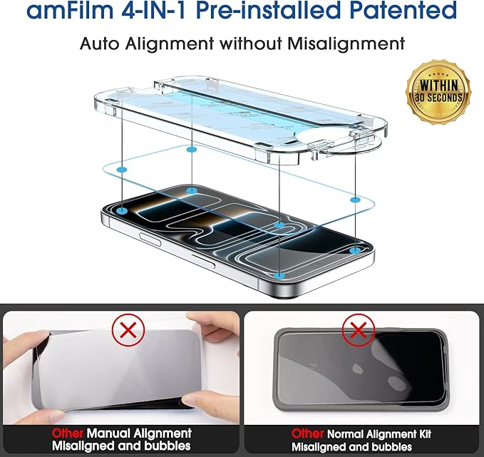 amFilm OneTouch for iPhone 17 Pro Screen Protector 6.3'' Tempered Glass | Auto-Alignment, 30s Install, Bubble Free, Scratch & Drop Protection, HD Clear, Camera Lens Protector[2+2 Pack] (17P-6.3'') - Image 4