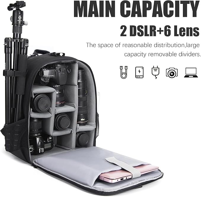 CADeN Camera Backpack Bag Professional for DSLR/SLR Mirrorless Camera Waterproof, Camera Case Compatible for Sony Canon Nikon Camera and Lens Tripod Accessories (Large, 5.0 Black) - Image 2