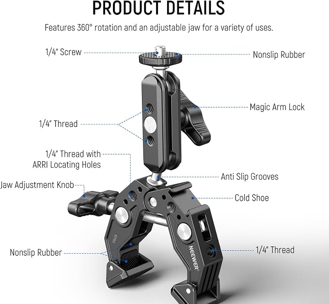 NEEWER Super Clamp with 3" Dual Ballhead Magic Arm, Cold Shoe, 1/4" Threads, Phone/Action Camera Mount Adapter for Desk Tripod Tube Crossbar Gimbal Rods Compatible with SmallRig GoPro DJI, ST83 - Image 2