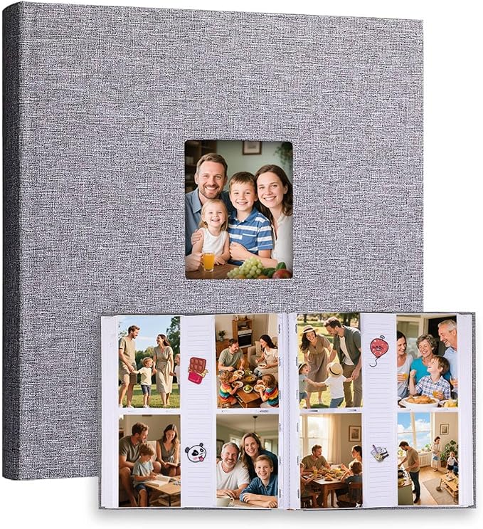 Photo Album 4x6 Vertical 600 Photos with Writing Space, Grey | Linen Cover, Acid-Free Pages, Clear PP Pockets, Memo Writing Space, Front Display Window, Family, Wedding & Travel Memories by Xfveiwoo