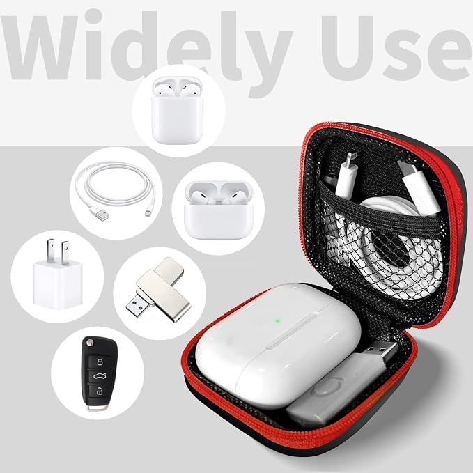 1 Pack Square Earbud Case Storage Bag with Carabiner, Red | Portable EVA Carrying Case, For Wired/Wireless Headphones, SD Card Storage, Camera Chip - Image 2