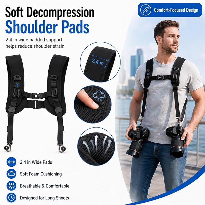 PULUZ Dual Camera Shoulder Harness for DSLR SLR Cameras with Quick Release | Double Camera Tether Strap, Soft Pad Decompression Strap Belt With 1/4 inch Screw - Image 5