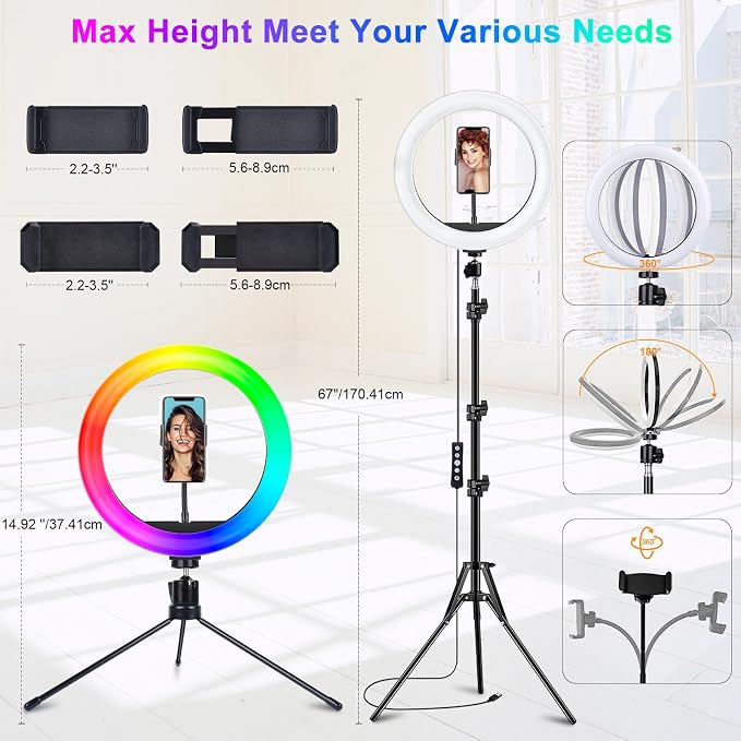 13.3"Ring Light with Music Mode, 75"Tripod and Desk Stand, 2 Phone Holders | Ring Light with Stand/Wireless Remote/3 CCT Mode & 96 RGB Color Modes for TikTok/ iPhone/LiveStream/Makeup/YouTube - Image 6