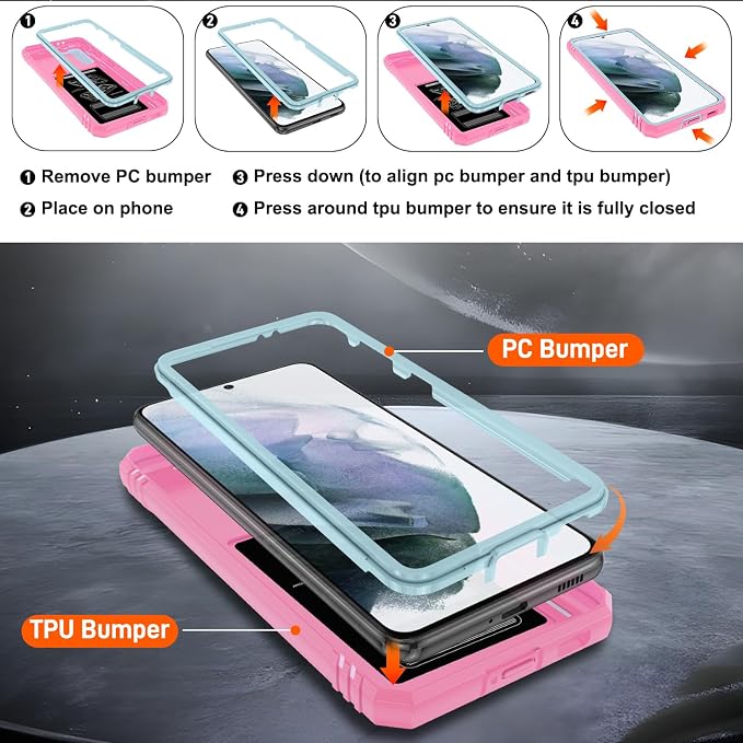 Gritup for Galaxy S21 Phone Case Military-Grade Shockproof with Kickstand | with 2 PCS Screen Protector, Slide Camera Cover, Heavy Duty Outdoor Protection Funda para Galaxy S 21 Cover-Green+Pink - Image 4