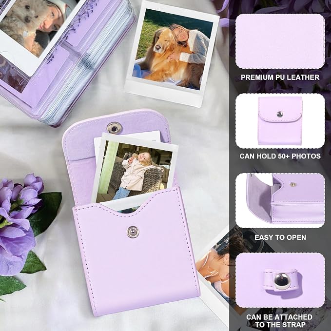 CAIYOULE Square Photo Pouch for Fujifilm Instax SQ Films, Purple | PU Picture Holder Case for Fujifilm Instax SQ1/40/20/10/6/SP-3 2.9x3.4" Film, Photo Storage Pocket, Can hold 50+ SQ Photos - Image 3