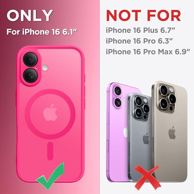 CAPRARO for iPhone 16 Case, Compatible with MagSafe Hot Pink | Upgraded [Full Camera Protection] Protective Translucent Matte Women Girl Magnetic Phone Case Cover, Hot Pink - Image 2