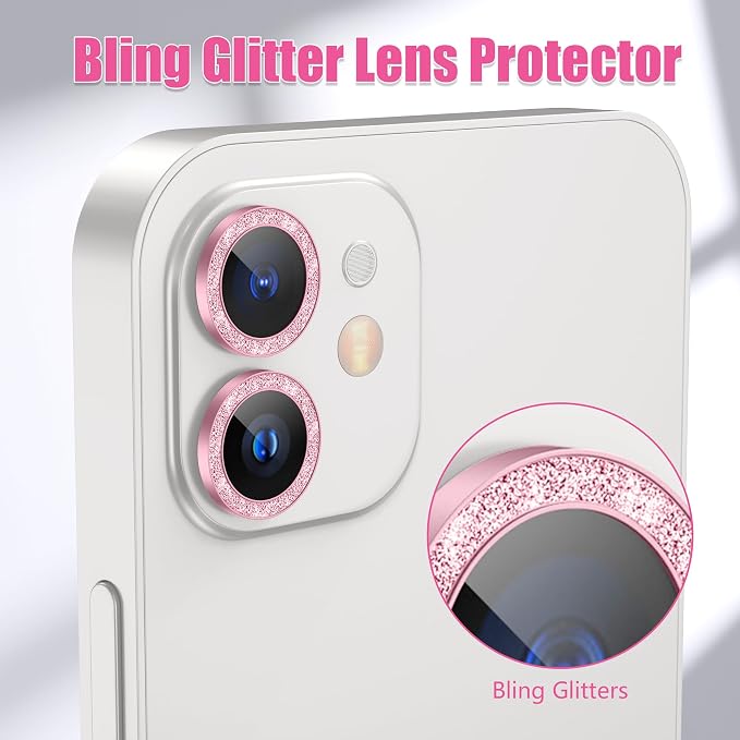 AGVEE 3+3 6 Pack for iPhone 12 & Mini & Pro Camera Lens Protector Cover | Individual Bling Diamond & Bling Glitter Sparkle Cute Gem Metal Ring, 9H Tempered HD Glass - Image 5