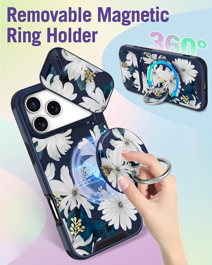 Buleens for iPhone 17 Pro Case 6.3 Inch - with Ring Stand & Camera Cover Aesthetic Cute Designed for Women Girls Kawaii Pretty Girly White Floral Phone Case for iPhone 17 Pro Compatible with Magsafe - Image 5
