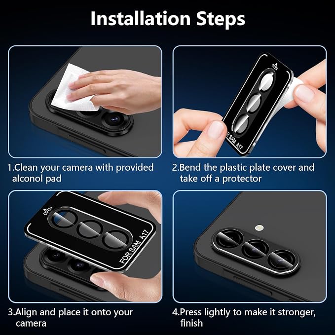 for Samsung Galaxy A17 Camera Lens Protector, Individual Metal Ring Tempered Glass Lens Cover, [Strong Adsorption] Scratch Resistant Ultra-Thin HD Clear Lens Cover, 1 Set-Black - Image 6