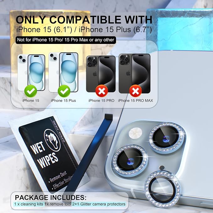 Choiche for iPhone 15/15 Plus Camera Lens Protector Bling, Diamond-Blue | Ultra HD, 9H Tempered Glass Camera Cover Screen Protector Metal Individual Ring Decoration Accessories, 2-Lens, 6.1/6.7-inch - Image 2