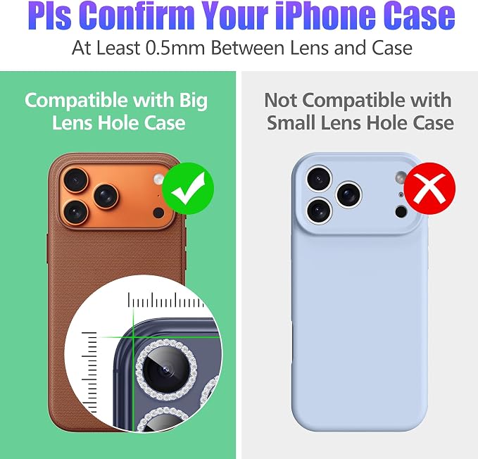 AGVEE 3+3 6 Pack for iPhone 17 Pro & Max Camera Lens Protector Cover | Individual Bling Diamond & Bling Glitter Sparkle Cute Gem Metal Ring, 9H Tempered HD Glass - Image 3
