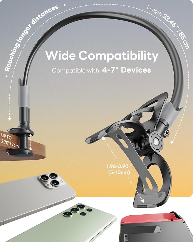SAIJI Gooseneck Bed Phone Holder, Flexible Long Arm Phone Mount for Desk, Clip Bracket Clamp Stand, iPhone Stand, Mobile Cell Phone Stand Document Camera Nintendo Switch (Black) | 33.4" iPhone Stand, Mobile Cell Phone Stand for iPhone Air 17 Pro Max, 1... - Image 2