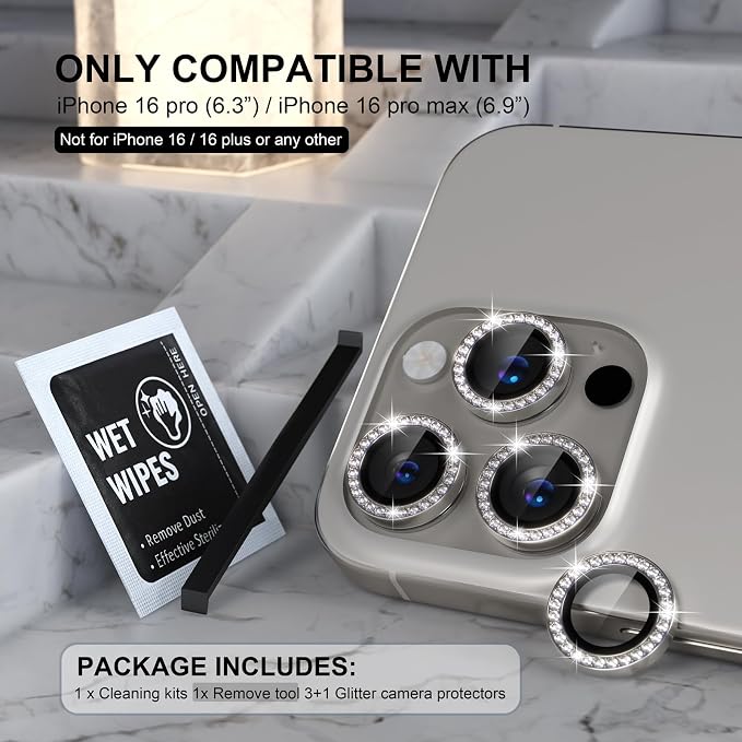 Choiche for iPhone 16 Pro/iPhone 16 Pro Max Camera Lens Protector | Ultra HD, Bling 9H Tempered Glass Camera Cover Screen Protector Metal Ring Decoration Accessories (Diamond-Titanium Natural) - Image 2