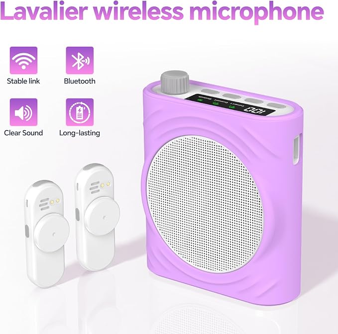 Voice Amplifier for Teachers, Portable Bluetooth Mini Personal Speaker with Wireless Lavalier Mic & Silicone Protective Cover, Ideal for Classroom, Conference and Tour Guide (Purple) - Image 2