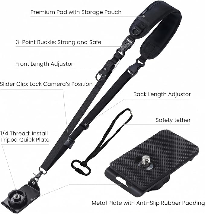 waka Rapid Camera Neck Strap with Quick Release and Safety Tether | Adjustable Camera Shoulder Sling Strap for Nikon Canon Sony Olympus DSLR Camera - Black - Image 2