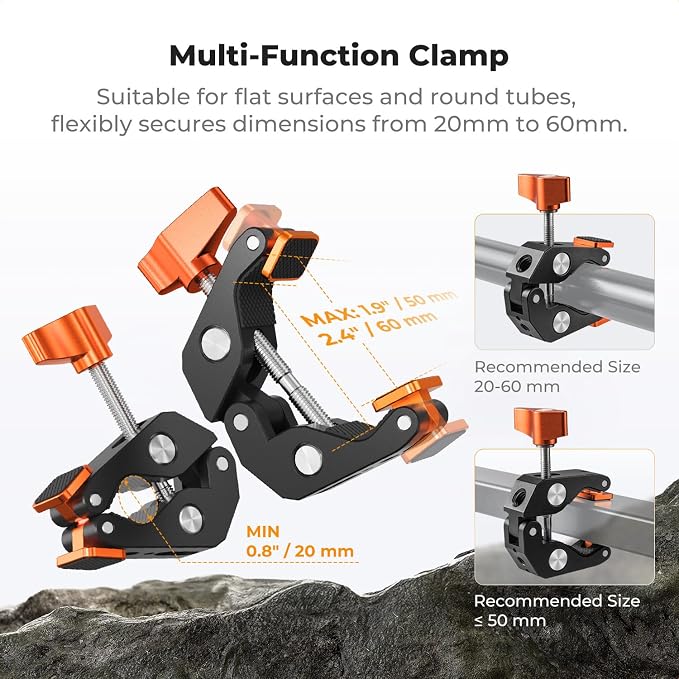 K&F CONCEPT Camera Mount Clamp, Super Crab Clamp Rotatable Clamping Block | 1/4" and 3/8" Thread Holes for Round Pipe Flat Surface, Camera Mounts, and Other Photographic Accessories, MS65 - Image 2