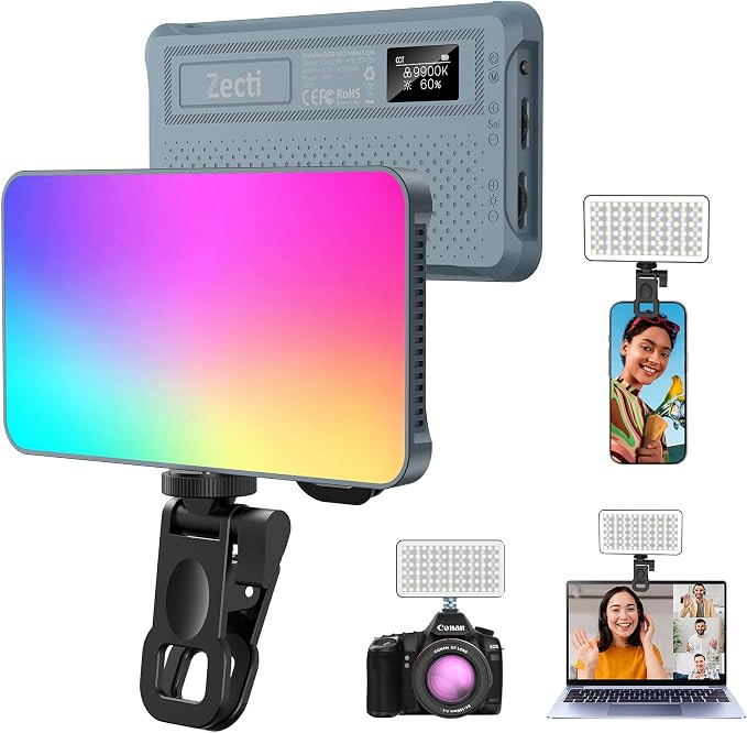Zecti 135 LED RGB Selfie Phone Light with Metal Hotshoe & Clip | CRI 96+ 2500K-9900K 21 Effects RGB Video Light, 12W 4000mAh Camera Light for iPhones, iPad, Laptop, for Makeup, TikTok, Vlog by Zecti