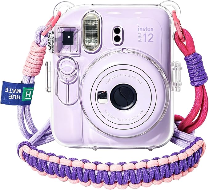 Clear Camera Case for Fujifilm Instax Mini 12, Purple Camera Strap | Protective Cover with Anti-Accidental Shutter, 4 Composition Cards, Photo Storage Holds 10 Films, Clear Hard Shell, No Camera by Huemate