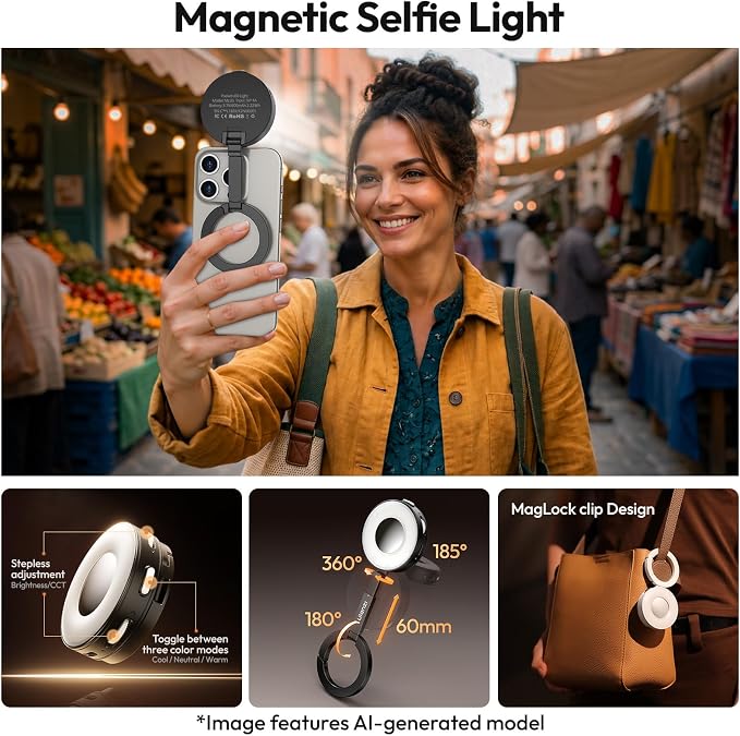 Ulanzi ML05 Magnetic Phone Light, Bi-Color 9000K CRI≥97 Selfie Video Light | Beauty Ring Fill Lights, 360° Flexible Rotation, Built-in Wide-Angle Mirror, Can be a Mini Desktop Stand for iPhone/Android - Image 3
