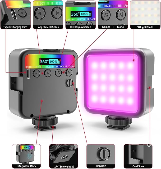 Magnetic RGB Led Video Light LED Camera Light 360° Full Color Portable Photography Lighting Whit 3 Cold Shoe，，2000mAh Rechargeable CRI 96+/2500-9900K/13 Scene (Black) - Image 2